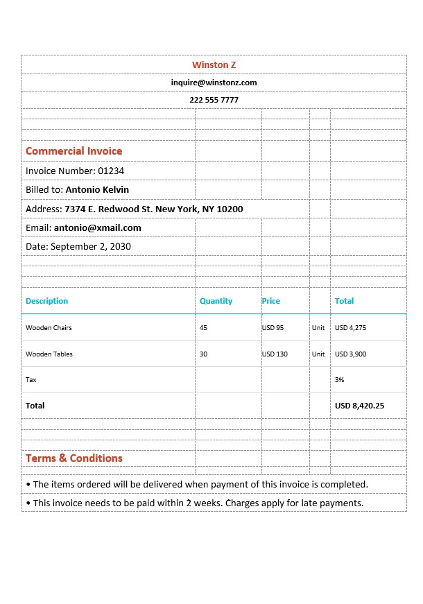 Sample Commercial Invoice Template PSD template